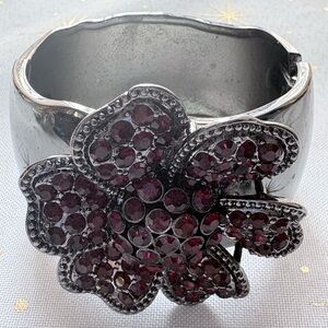 Elegant Silver and Dark Red Floral Hinged Cuff Bracelet